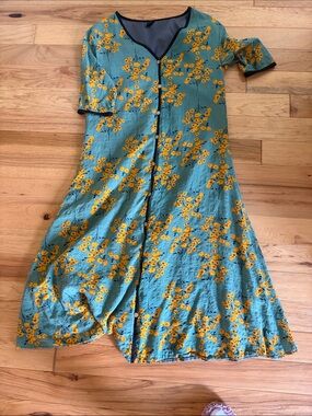 Teal Midi Dress with Yellow Floral Print